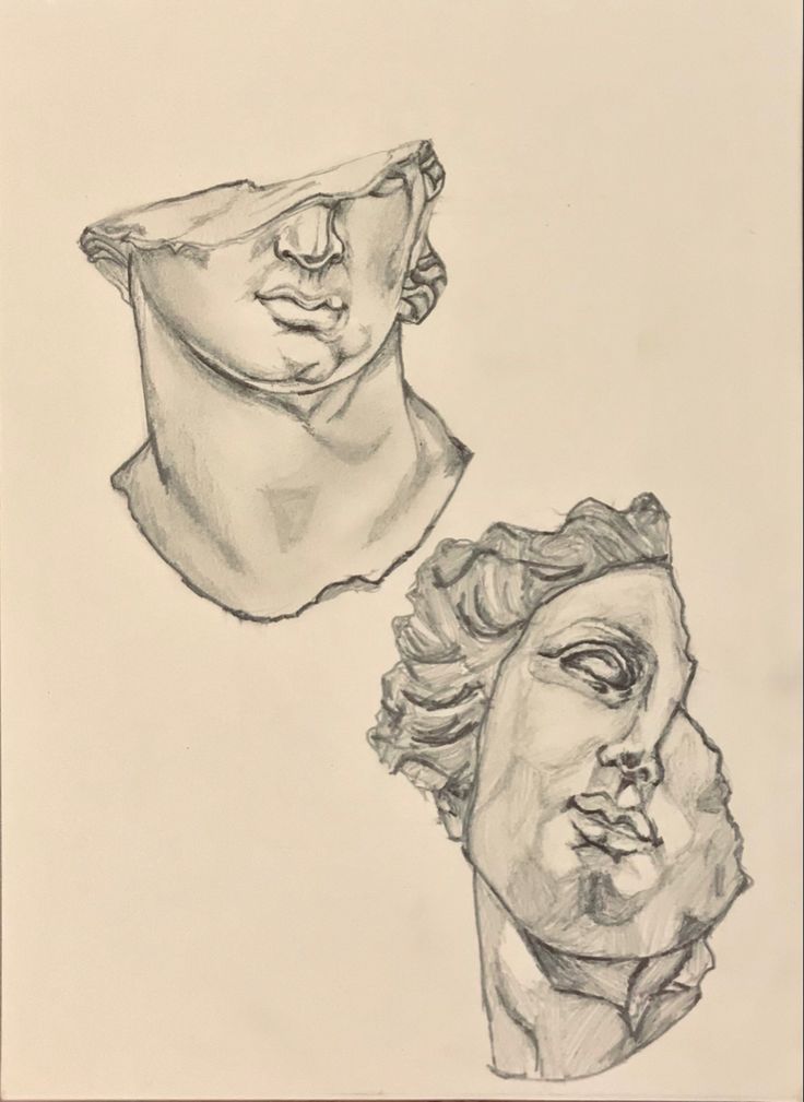 two drawings of busts are shown in black and white