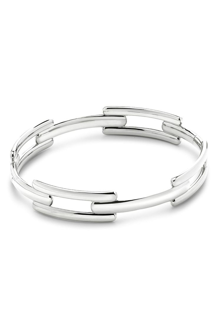 Cast from recycled sterling silver, this sculptural bangle gives the illusion of links with its sleek bars and segmented design. Exclusive US retailer 6 1/2" inner circumference; 3/8" width Hinge with tongue-and-groove closure Recycled sterling silver Imported Recipient of the Butterfly Mark certification, which identifies luxury brands that adhere to social and environmental best practices This brand meets Nordstrom Responsible Brands criteria: brand adheres to responsible social and environmen Modern Sterling Silver Bracelet With Rectangular Links, Modern Sterling Silver Bracelet With Polished Rectangular Links, Modern Sterling Silver Bangle With Solid Link, Monica Vinader, Recycled Sterling Silver, The Butterfly, Luxury Brands, Luxury Branding, Recycling