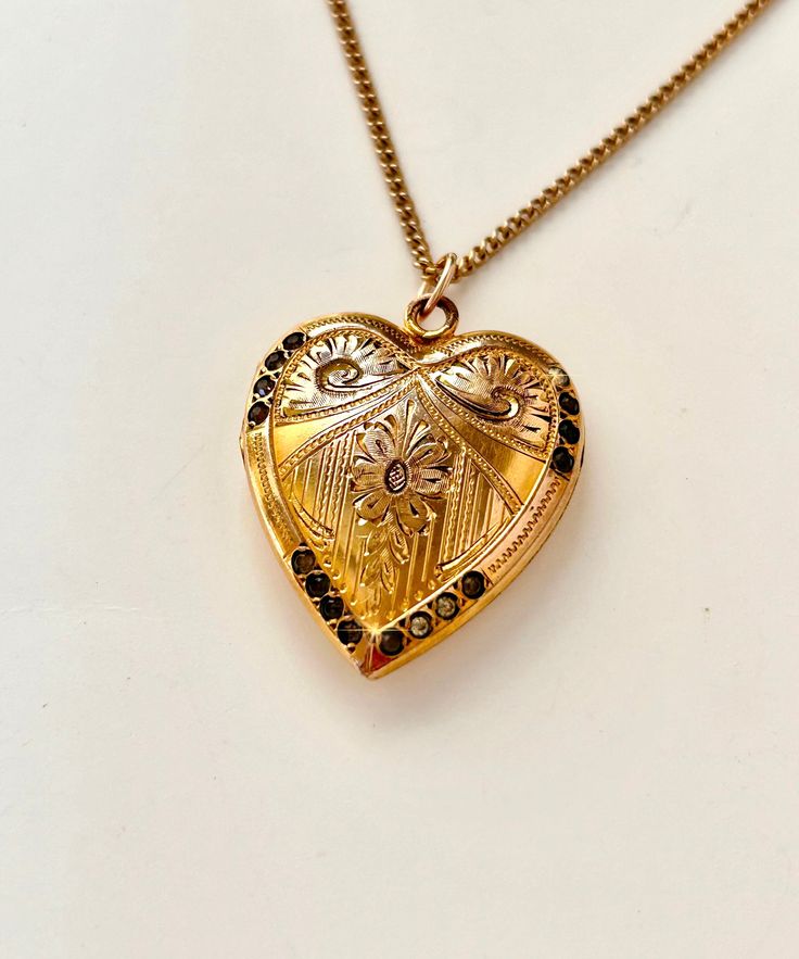 Vintage Antique Heart Locket 14K Gold Filled Stones Floral Hand Engraved, Art Deco Heart Locket Necklace Heirloom Hallmarked Locket Necklace For Anniversary, Antique Heart-shaped Yellow Gold Jewelry, Ornate Vintage Charm Jewelry For Anniversary, Antique Yellow Gold Jewelry With Heart Charm, Victorian Heart-shaped Keepsake Jewelry, Victorian Heart Necklace With Heart Charm, Victorian Heart Locket Necklace For Anniversary, Victorian Heart Charm Necklace, Victorian Heart-shaped Necklace For Anniversary