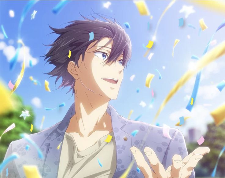 an anime character standing in front of confetti falling from the sky with his hands