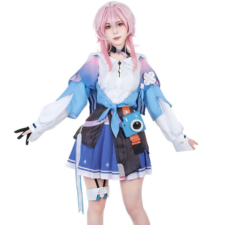 a woman with pink hair is dressed in an anime outfit and holding a blue camera