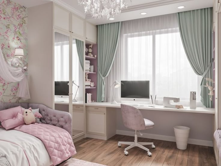 a bedroom with a bed, desk and computer on the wall next to a window