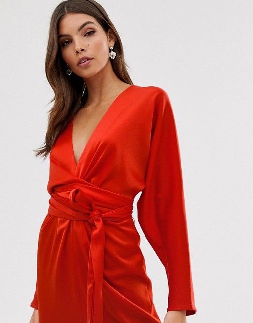 ASOS DESIGN midi dress with batwing sleeve and wrap waist in satin | ASOS Short Bodycon Dress, Compression Garment, Maxi Styles, Satin Midi Dress, Batwing Sleeve, Bat Wings, Pretty Things, Wrap Dress, Must Haves