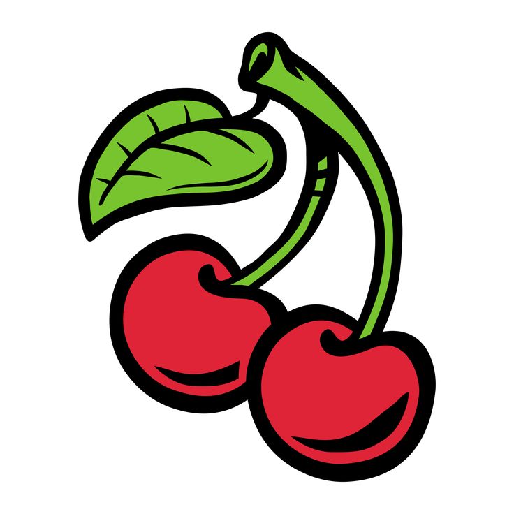 two cherries with green leaves on the top and one red cherry on the bottom