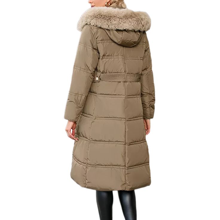 Brown Slim Fit Thick Down Jacket Long Coat Khaki Outerwear For Cold Weather In Fall, Casual Long Coat With Faux Fur Trim, Fitted Solid Color Winter Outerwear, Fitted Long Coat For Outdoor Wear, Fitted Long Coat For Outdoor, Khaki Outerwear With Detachable Hood For Fall, Winter Workwear Khaki Parka, Fitted Parka For Fall Cold Weather, Fitted Parka For Cold Weather In Fall