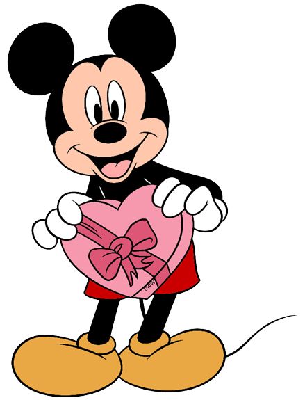 mickey mouse holding a heart shaped box with a bow on it's head and smiling