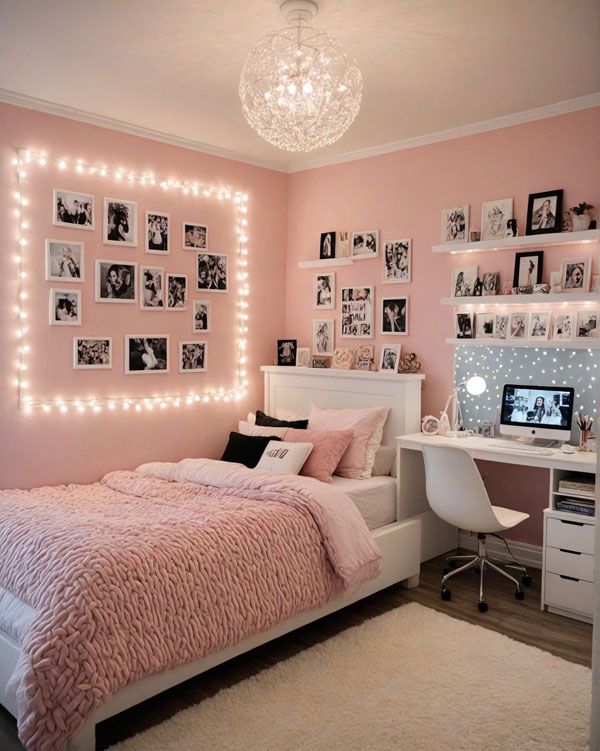 a bedroom decorated in pink and white with pictures on the wall, lights strung up above the bed