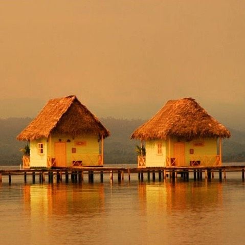 three thatched huts sit on stilts in the water