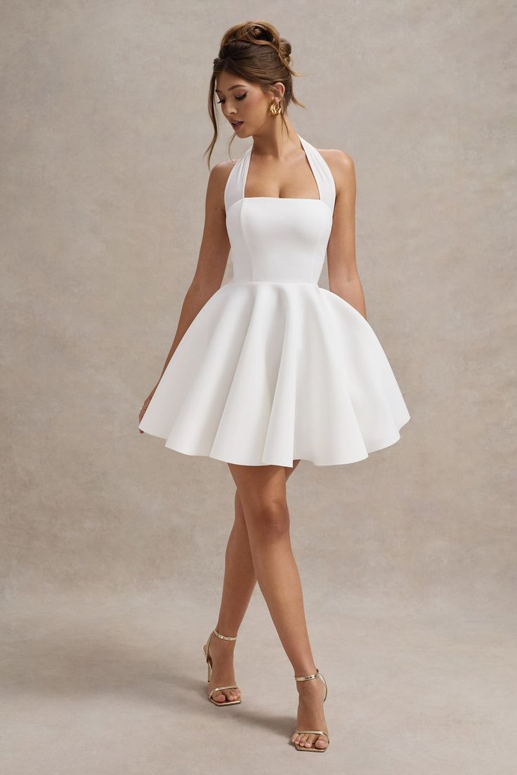 Peggy White Halter-Neck Skater Mini Dress – Club L London - USA White Skater Dress, I Have Nothing To Wear, Skater Mini Dress, I Have Nothing, Black Dress Prom, Black Tie Gala, Skater Dresses, Party Dress Long Sleeve, Christmas Party Dress