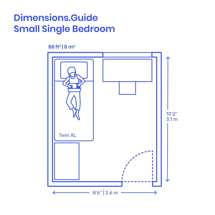 a bathroom with measurements for the small single bed and shower area in blue ink on white paper