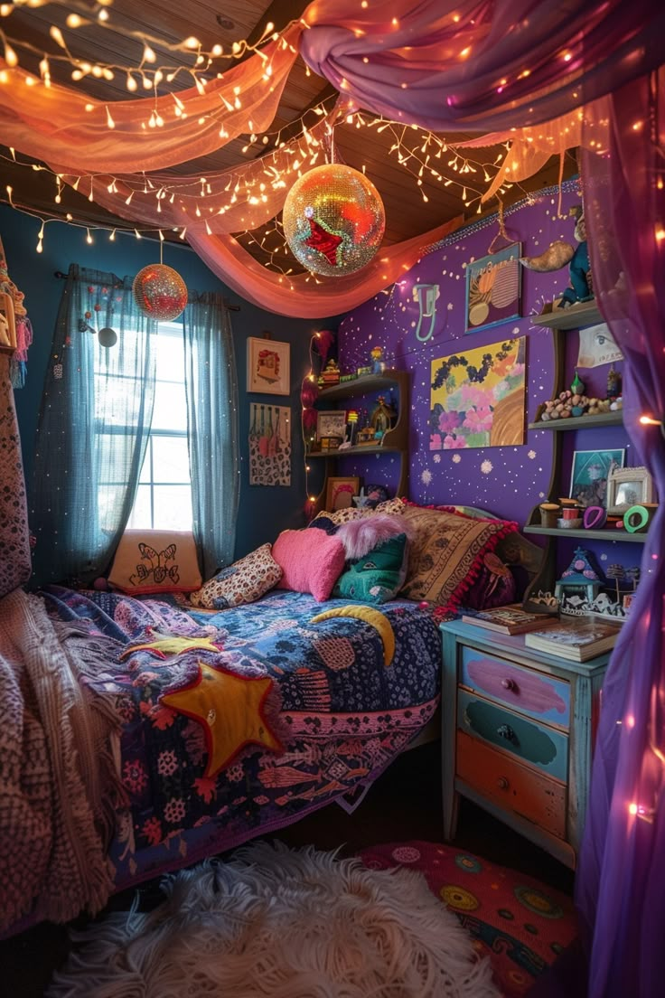 Enchanting Bedroom Makeover: Cozy Decor with Purple Walls & Fairy Lights Whimsical Twee Bedroom, Whimsigoth Small Bedroom, Wacky Bedroom Ideas, Howl Pendragon Bedroom, Cozy Maxamilist Bedroom, Festive Room Decor, 70s Aethstetic Room, Room Decor Whimsical, Colorful Whimsical Bedroom