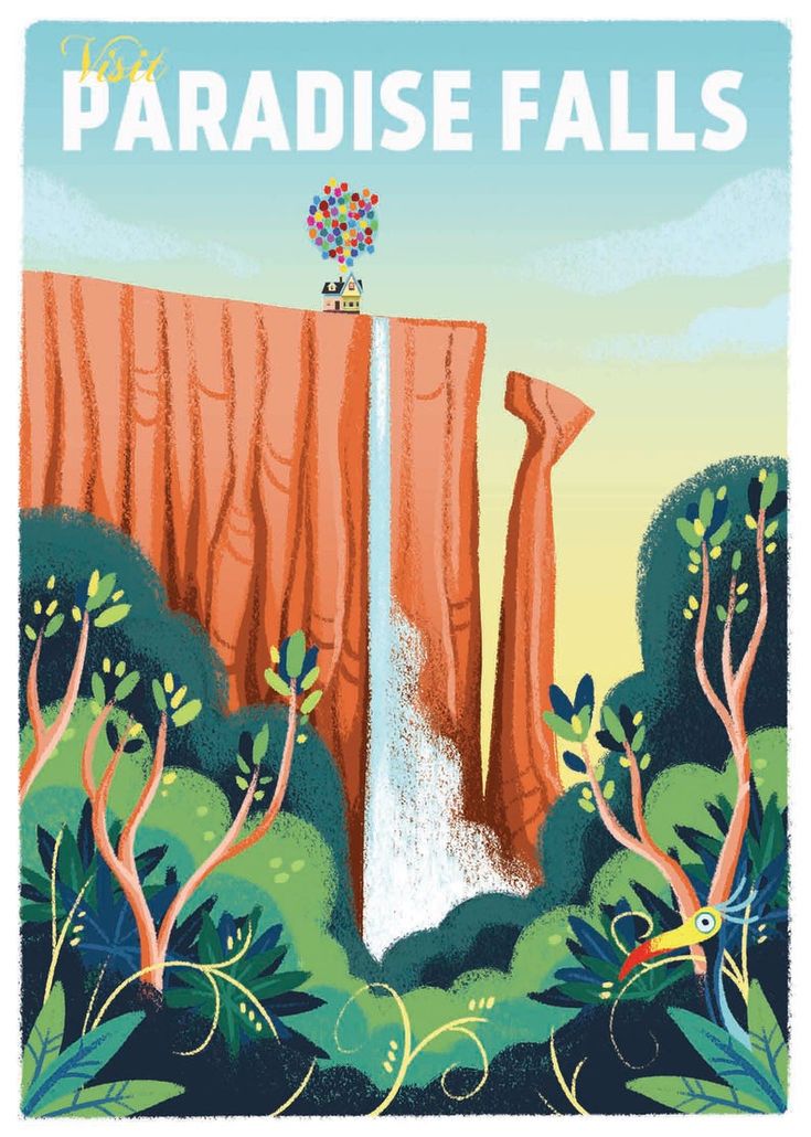 the paradise falls poster is shown with trees and flowers in front of a large waterfall