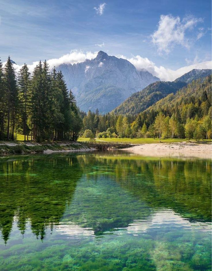 a lake surrounded by mountains and trees with green algae growing in the water, under a partly cloudy blue sky