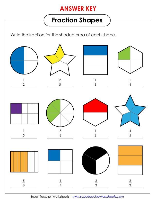 worksheet for fraction numbers and shapes