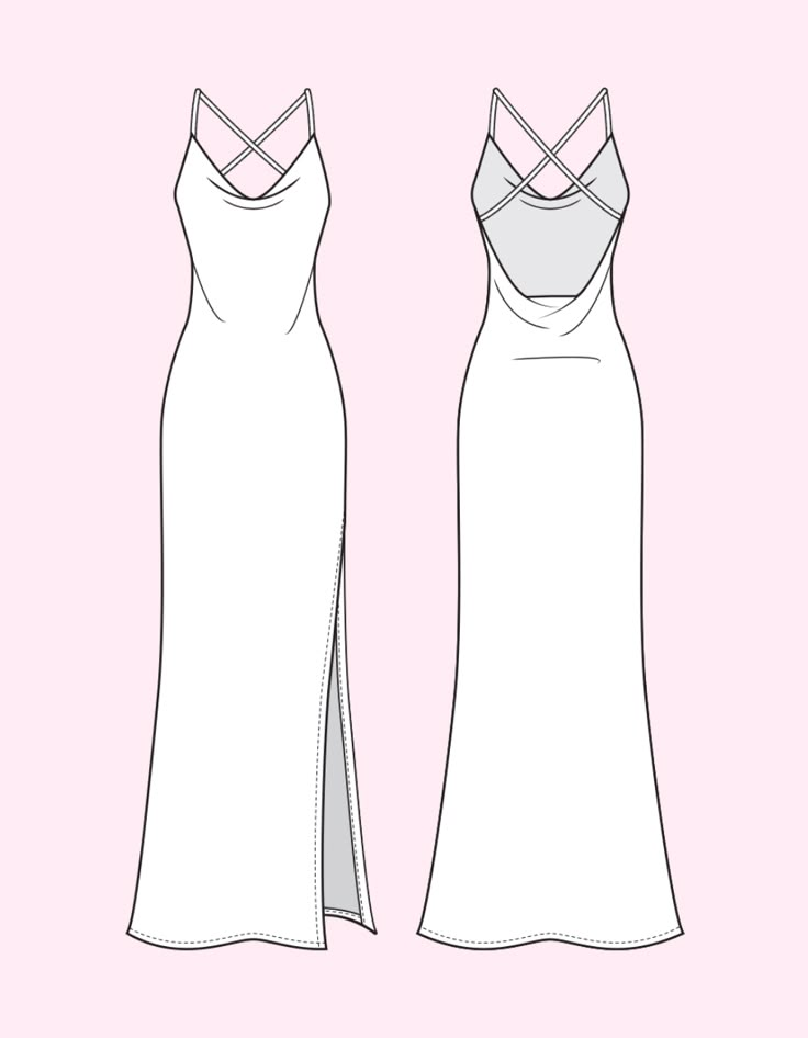 the front and back view of a white dress with straps on it, against a pink background