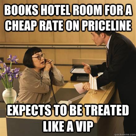 a man and woman sitting at a desk in front of a sign that reads books hotel room for a cheap rate on priceline expect to be treated like a vip