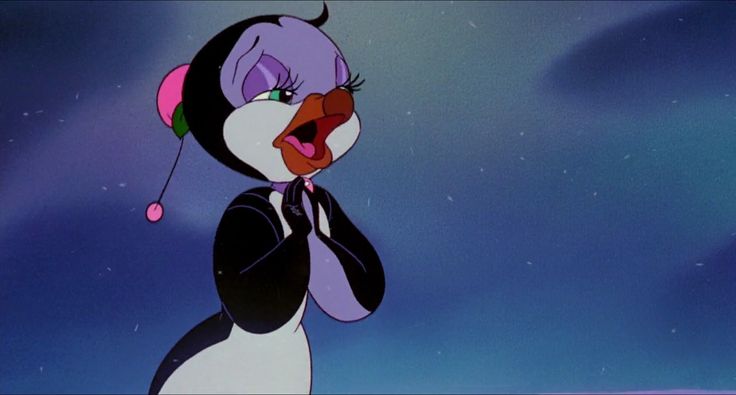 an animated penguin wearing headphones and singing