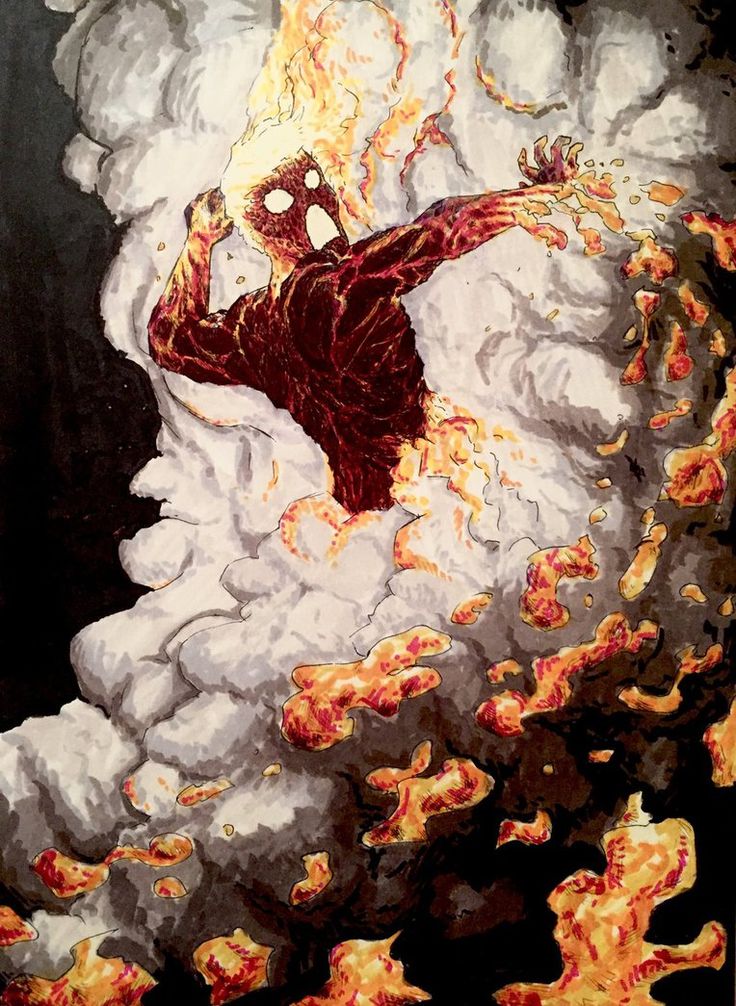 a painting of a person in flames on a black and white background with red accents