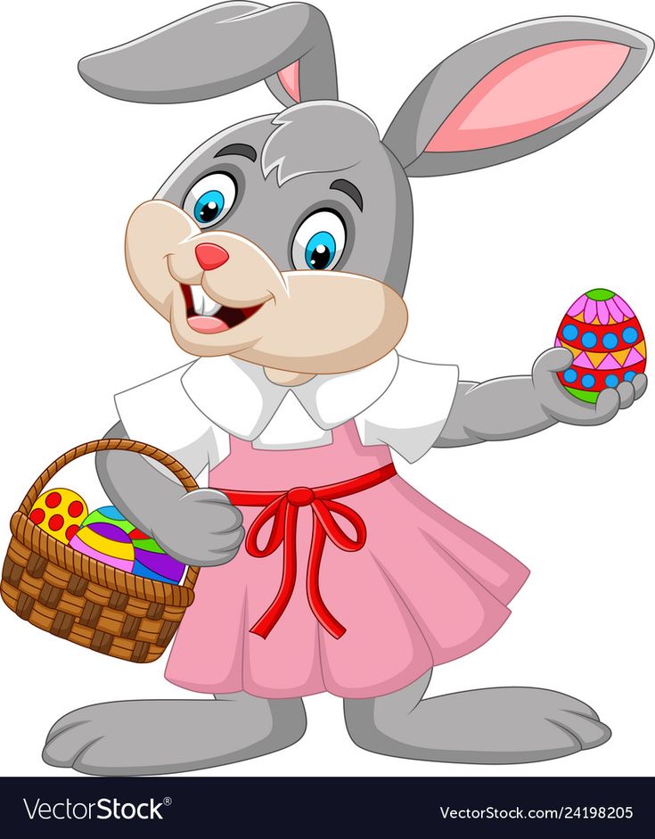 a cartoon bunny with an easter egg in her hand and a basket full of eggs