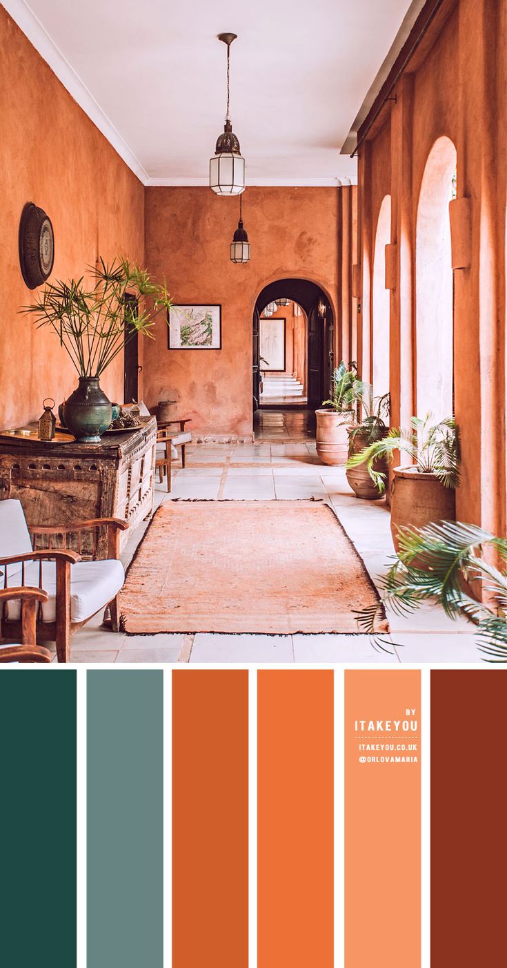 an orange and green color scheme for a living room, dining room or entryway