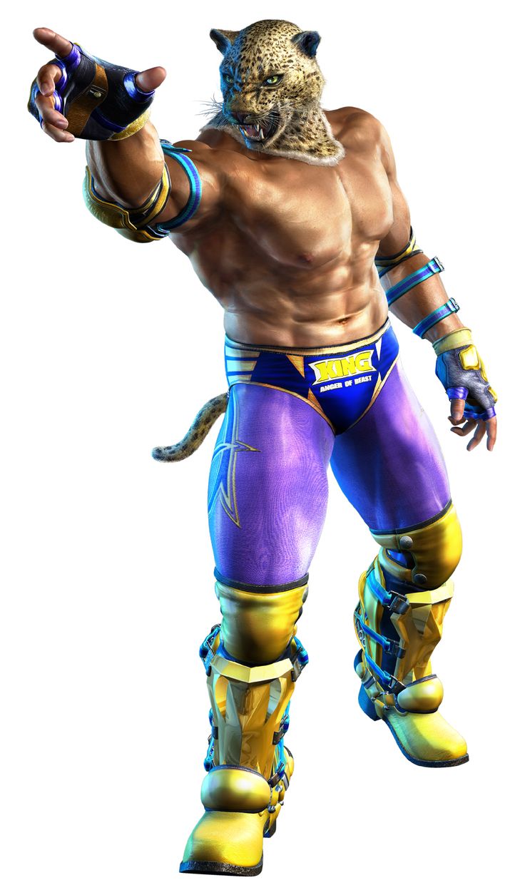 an animated image of a man in purple and yellow wrestling gear with his fist out