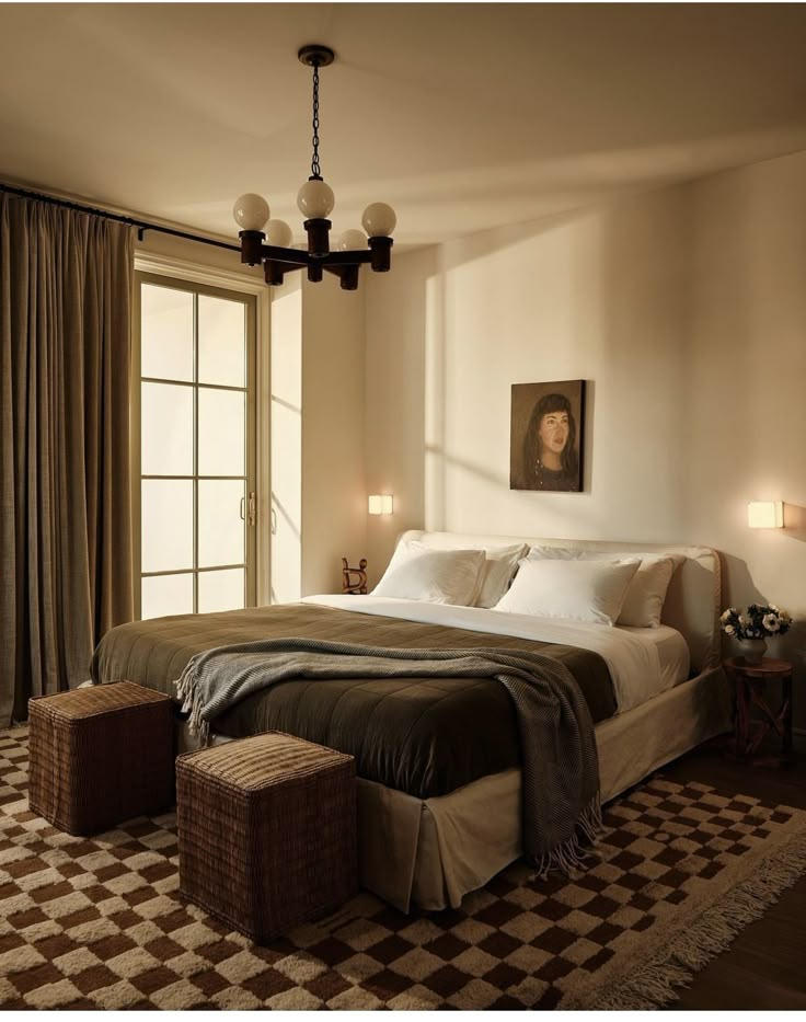 a bedroom with a large bed and checkered flooring