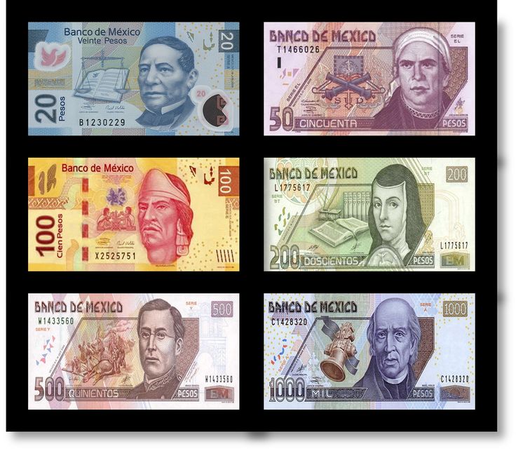 four different mexican currency bills are shown in black and white, with the image of two men