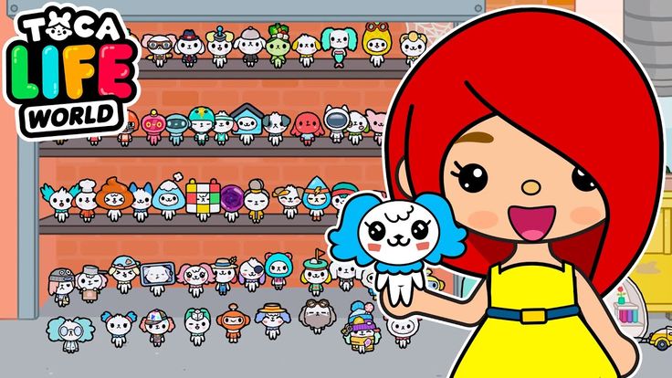 an animated girl holding a stuffed animal in front of a store filled with cartoon characters