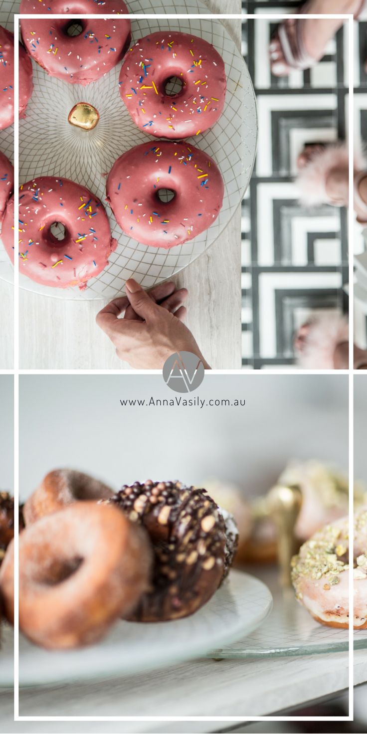 donuts are arranged on white plates and placed in different positions to be viewed from above