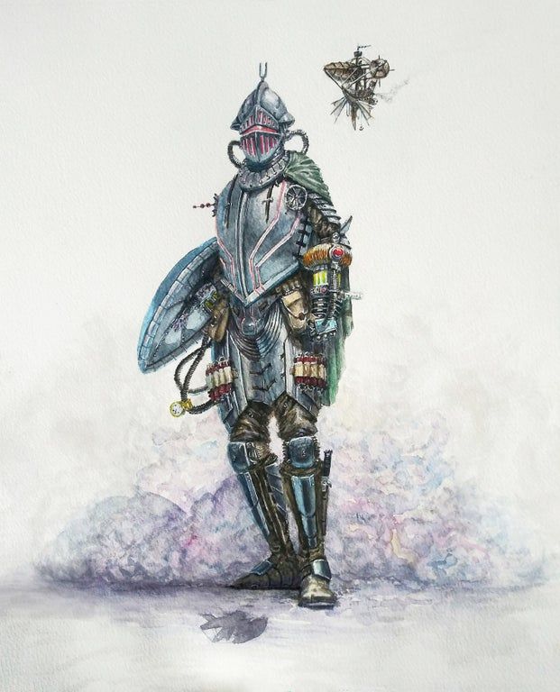 a drawing of a man in armor with a bug on his back and another insect flying over him