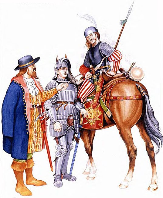 two men dressed in medieval clothing standing next to a horse with an american flag on it