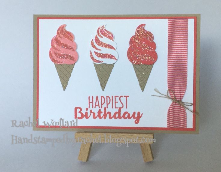 a card with three ice cream cones on it and the words happy birthday written in red