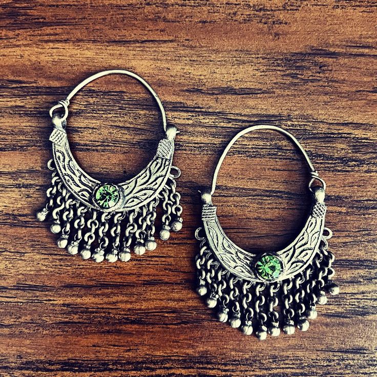 "These are stunners! They're medium sized & really eye catching.  These are (in my opinion) suitable for wearing \"unsupported\" directly through lobe piercings.  The wearing wires are approx 1.6mm or 14g thick.  They have beautiful stamp work patterns & are set with peridot colored synthetic stones. ❤️" Kashmiri Earrings, Lobe Piercings, Peridot Color, Ear Weights, Lobe Piercing, My Opinions, Medium Size, Piercings, San Diego