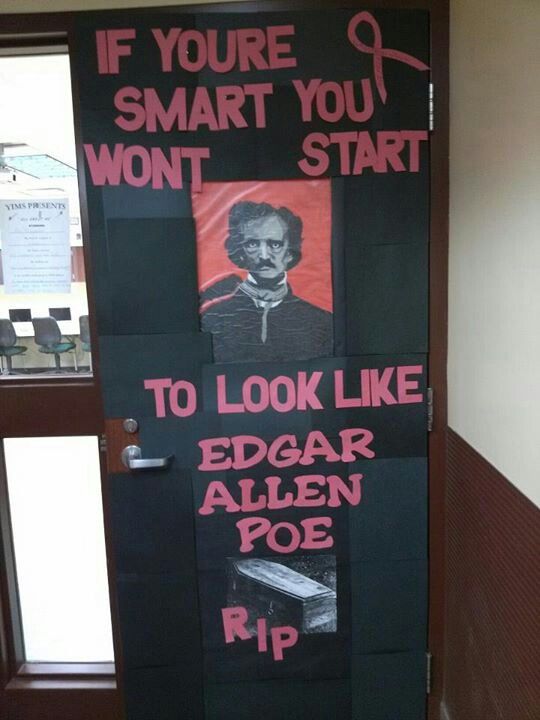 a door decorated to look like edgar poe with words on the front and back doors