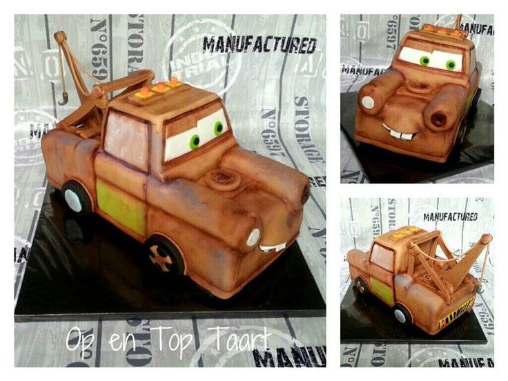 this is a cake made to look like a tow truck from cars movie, with the character's name on it