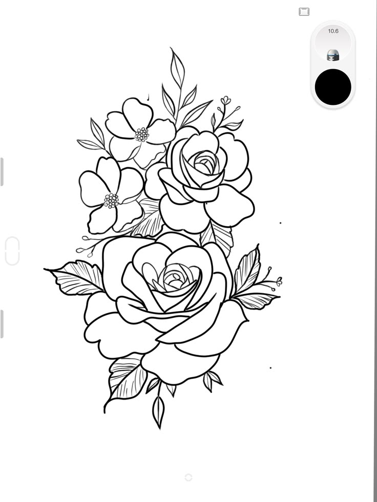 a black and white drawing of flowers on a cell phone case with the back cover open