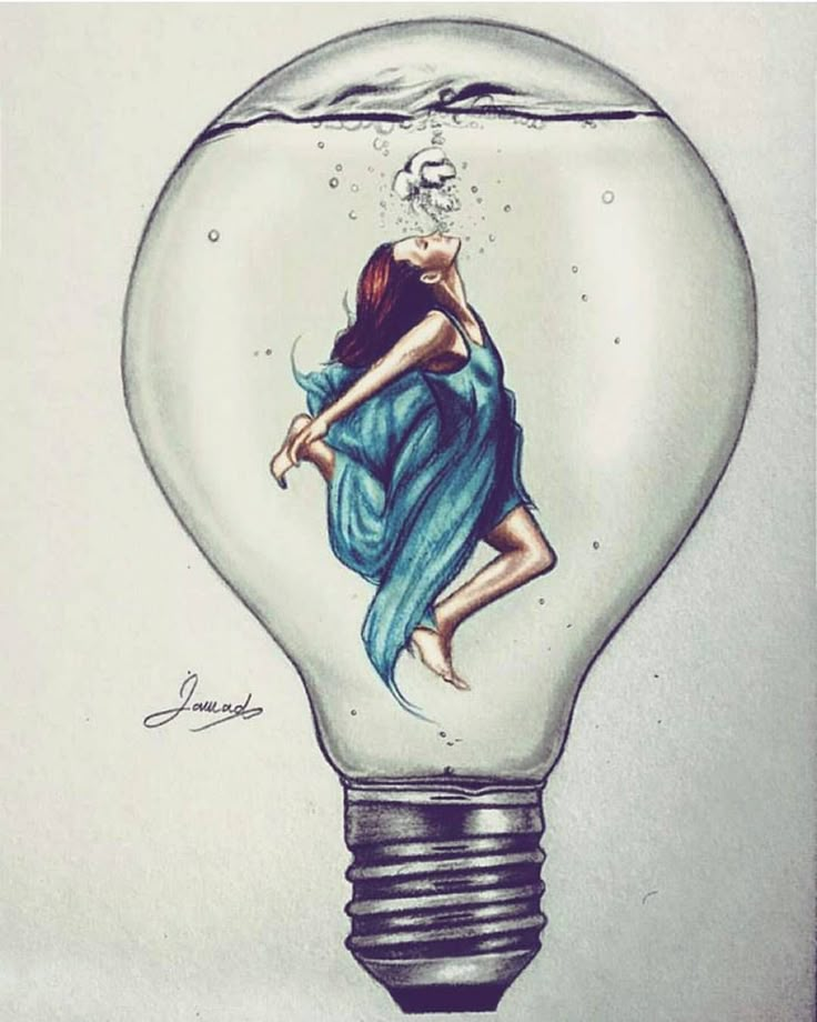 a drawing of a woman floating in a light bulb