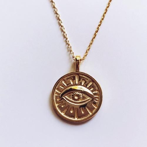 Cristalore Evil Eye Necklace Sterling Silver Amulet Coin Necklace, Tarnish Resistant, Sterling Silver Amulet-style Coin Necklace, Spiritual Tarnish-resistant Round Pendant Charm Necklace, Tarnish Resistant Sterling Silver Coin Amulet Necklace, Spiritual Gold Plated Medallion Charm Necklaces, Spiritual Gold Plated Medallion Charm Necklace, Gold Plated Evil Eye Amulet Necklace, Gold-plated Evil Eye Amulet Necklace, Gold Plated Spiritual Medallion Charm Necklaces