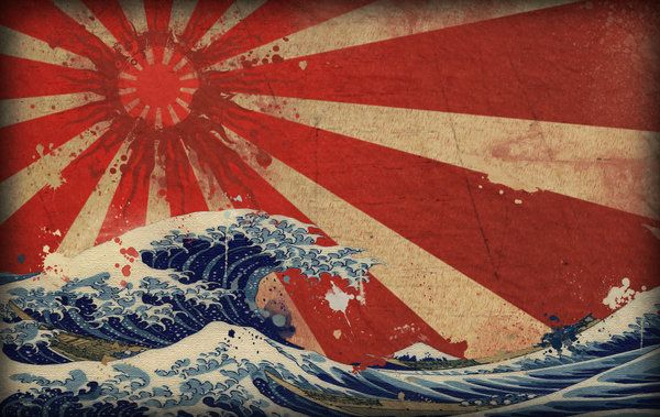 the great wave in red and white is painted on an old wood paneled wall