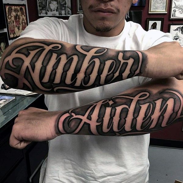 two men with arm tattoos on their arms and one has the word tattoo on it