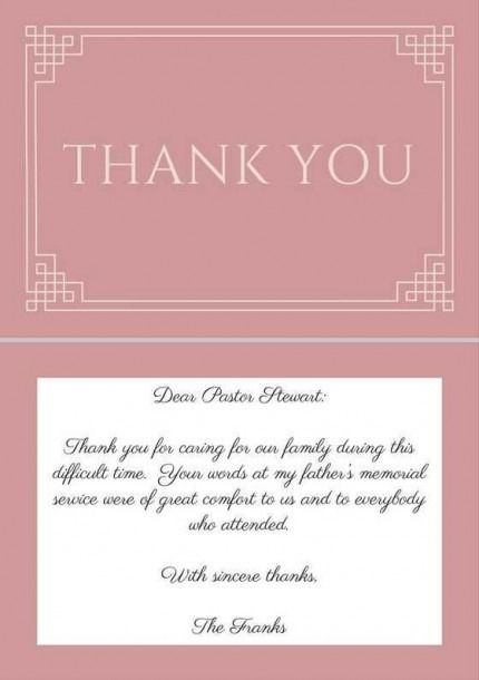 a pink thank card with the words, thank you and an ornate border on it