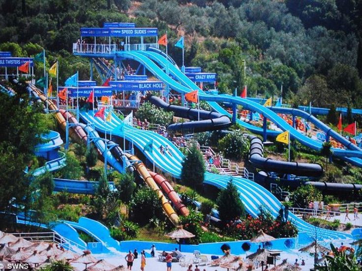 the water park has many slides and waterslides