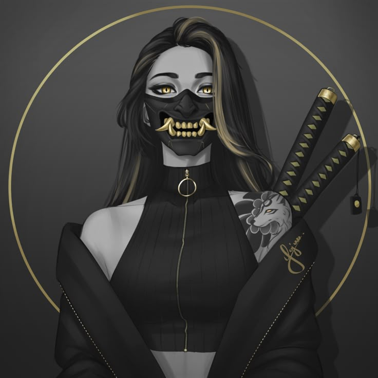 a woman wearing a mask and holding two large knives in front of her face with gold trimmings