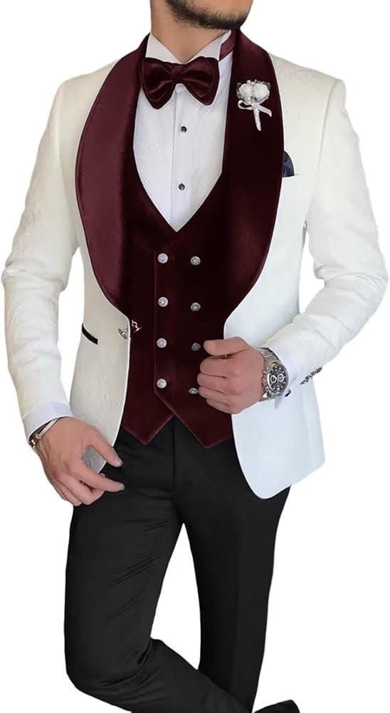 Item contains : Blazer (Coat only) 2 Piece (Coat + Pant) 3 Piece (Coat + Vest + Pant) 4 Piece (Coat + Vest + Shirt + Pant) 5 Piece (Coat + Vest + Shirt + Bow + Pant) Fabrics :   Coat velvet and pants luxury suiting  Colours :  white coat with maroon tuxedo collar and maroon waist coat and black pants  Style and Designs :  Coat or Jacket Coat has a shawl collar single breasted fit with a single trendy button style pack with a double vented back and long sleeves Vest coat  Waist coat also combines the deep V cut 4 buttons neck design and come with a single breast classical closure style  Pants or Trousers  Trousers come with a mid rise fit and four pockets with fly on the zip and also has a hook and a button on the belt Size :  Slim fit  Model height is 6 fit and wearing 40 size  Material an White And Burgundy Tuxedo, White And Red Tuxedo Wedding, Red Tailored Tuxedo Three-piece Suit, Burgundy Mens Suit Wedding Coats & Jackets, Crazy Suits, Maroon Tuxedo, White Double-breasted Tuxedo Outerwear, Tuxedo Vest, Gentleman's Wardrobe