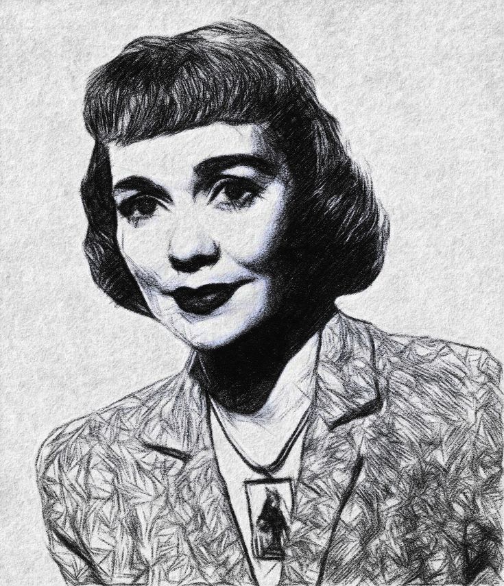 a black and white drawing of a woman's face with short hair wearing a jacket