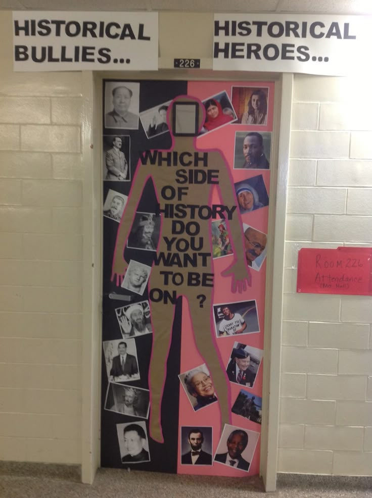 a door decorated with pictures and words that say, which side of history you want to be on?