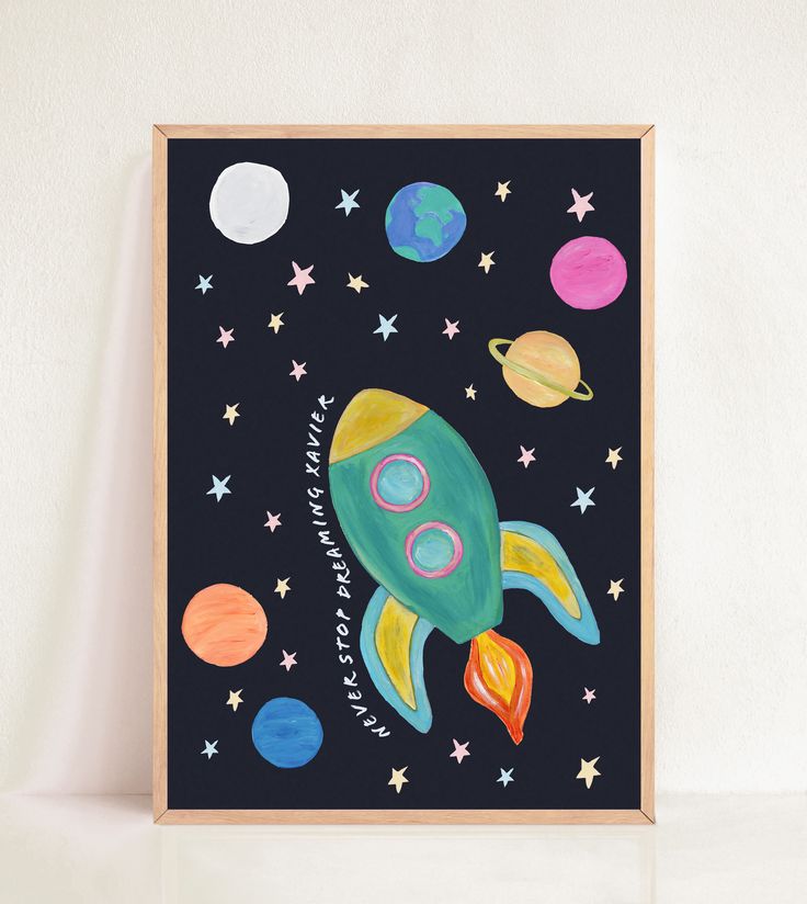 a painting of a rocket ship in space with planets and stars on the wall behind it