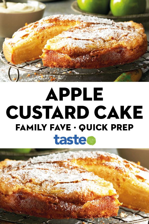 an apple custard cake on a cooling rack with the words, family favorite quick prep