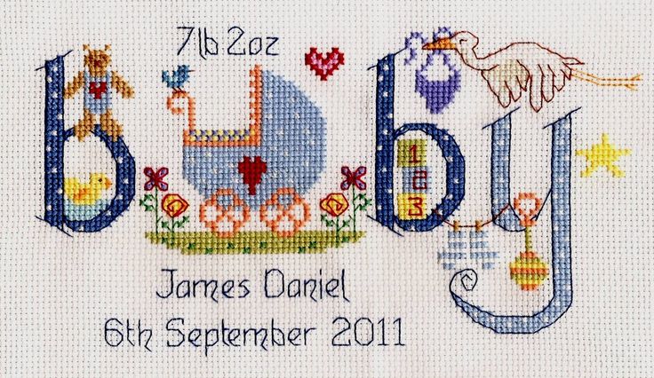 a cross stitch birth card with the name baby