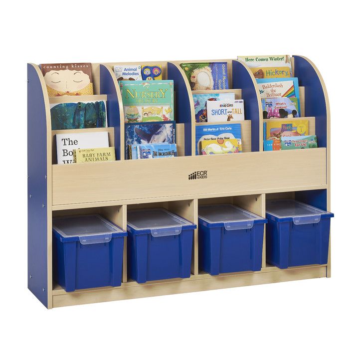 a wooden book rack with blue bins and books on it's sides for children to read